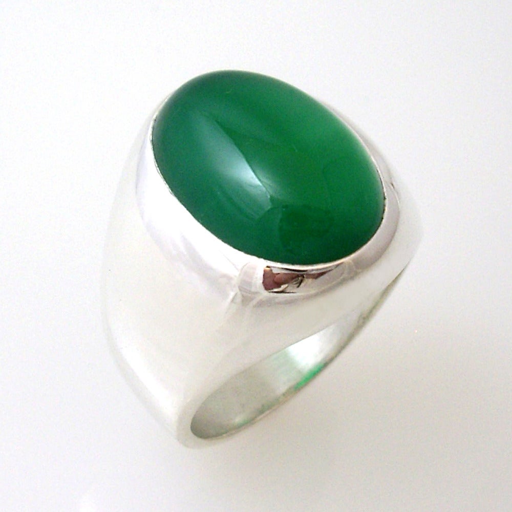 Image of Mens Heavy Oval Green Onyx Ring in Sterling Silver